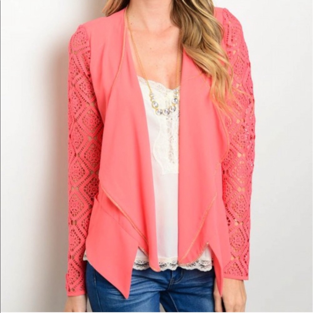 Coral cardigan jacket with pockets. Sheer chiffon.
